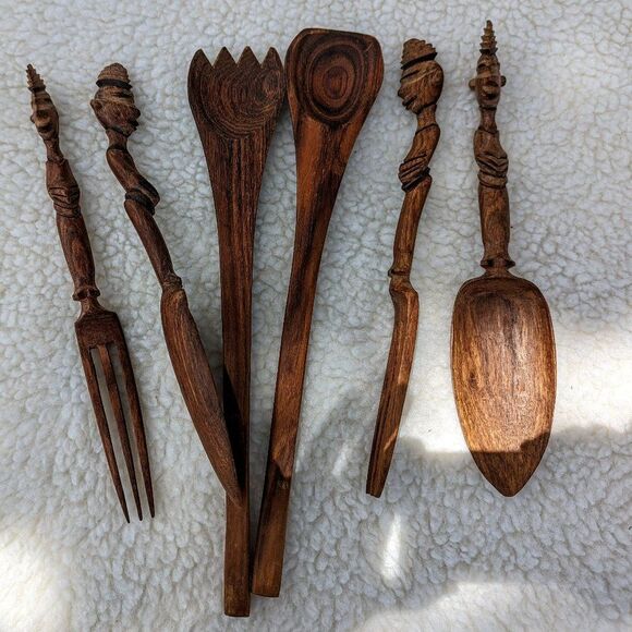 Bundle of six (6) dark rich wood teak wooden hand-carved utensils